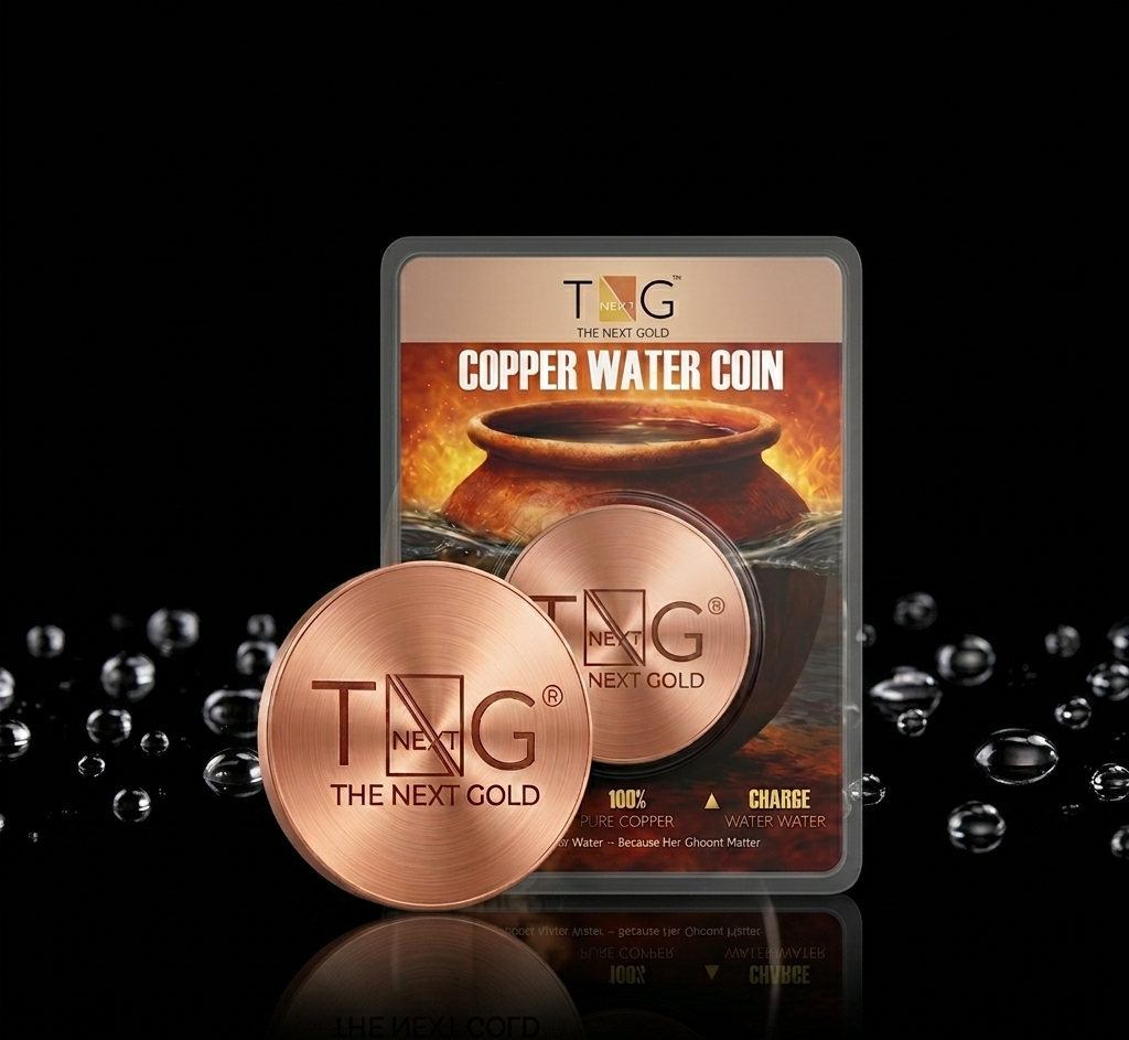 The Next Gold copper coin and retail blister pack composed on a black surface
